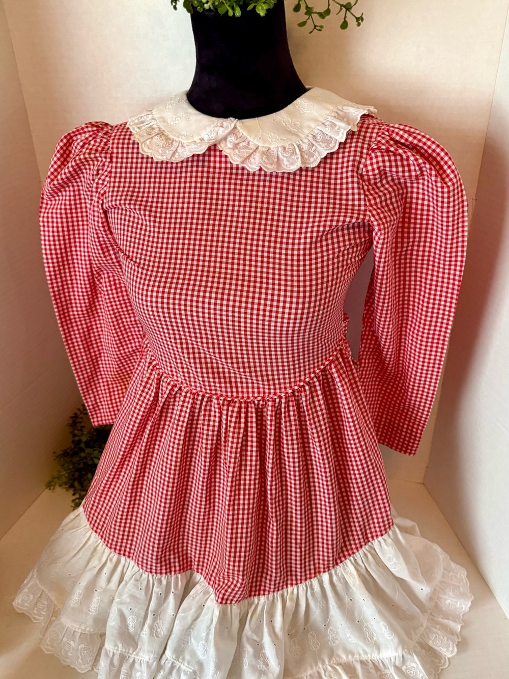 Vintage Red Gingham Youth Dress with White Eyelet Ruffle Collar Homemade
